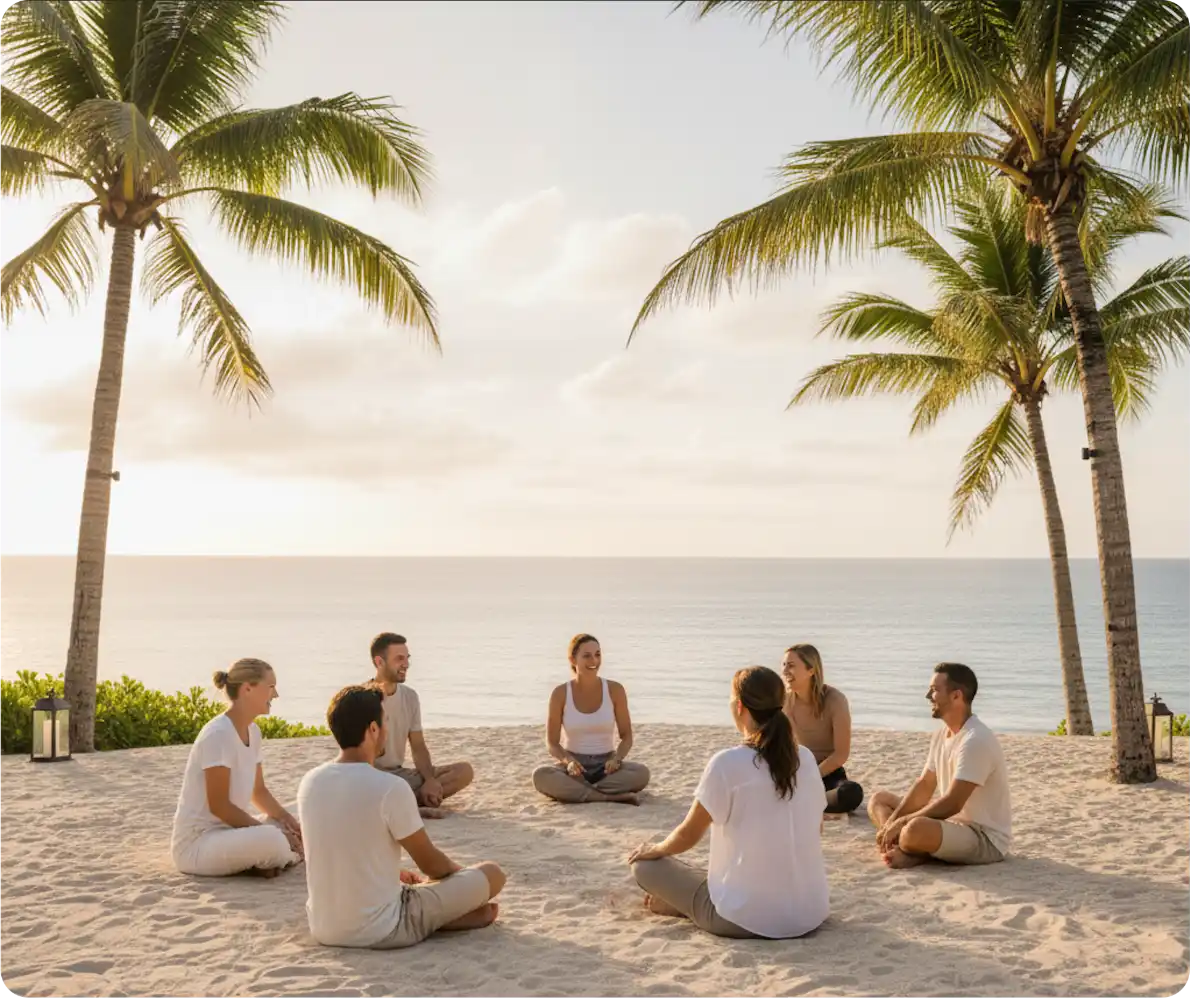 Group meditation circle on Caribbean beach at yoga retreat center
