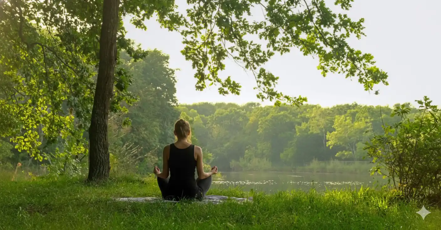 Person practicing mindful forest bathing meditation