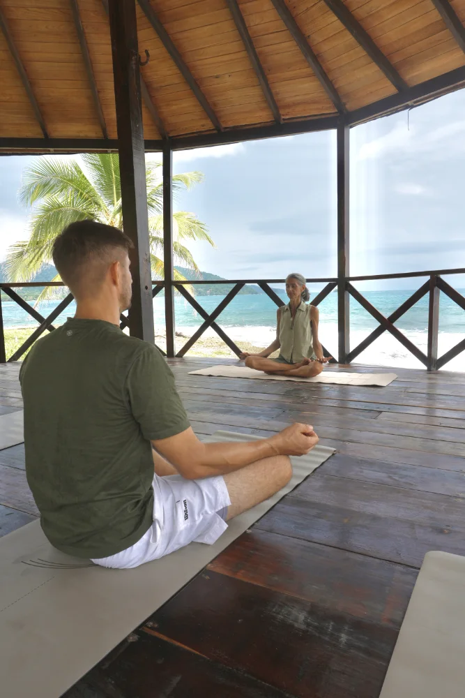 Person meditating in an open-air yoga shala overlooking the ocean at Brisa Bahía.
