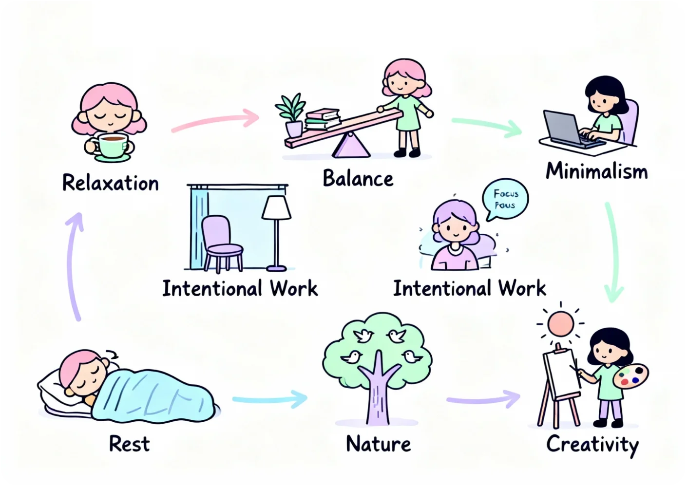 Slow living lifestyle balance illustration showing nature connection and mindful practices