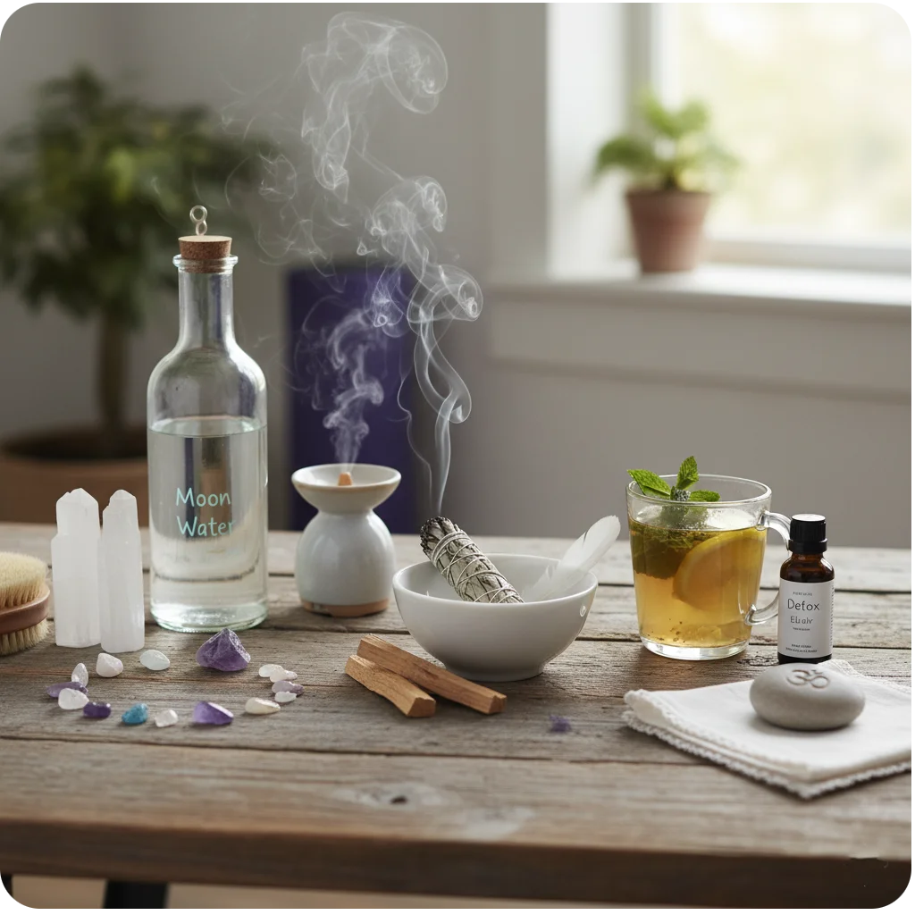 Sacred cleansing ritual with moon water, crystals, and incense