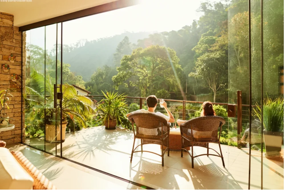 Two people sitting on a sunlit terrace overlooking lush green hills and forest.